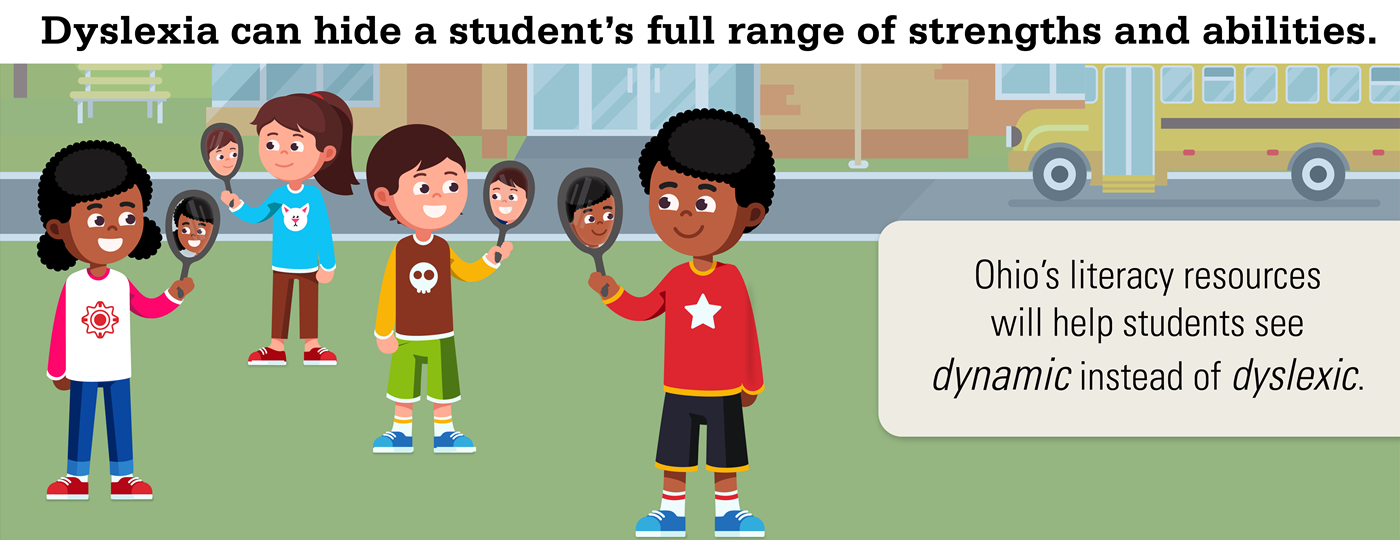 Cartoon Graphic with students looking into hand held mirrors.